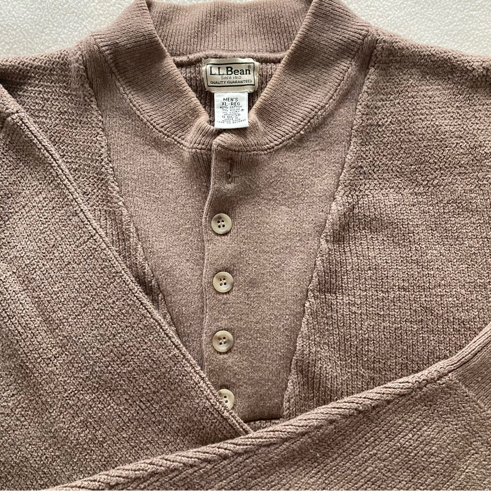 LL Bean Sweater Henley Mens XL Pullover Chunky Knit Tan Fisherman Beige. Cotton.